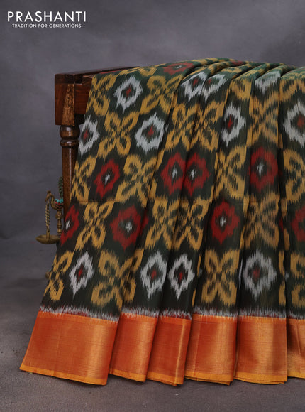 Ikat silk cotton saree dark green and mustard yellow with allover ikat weaves and zari woven border