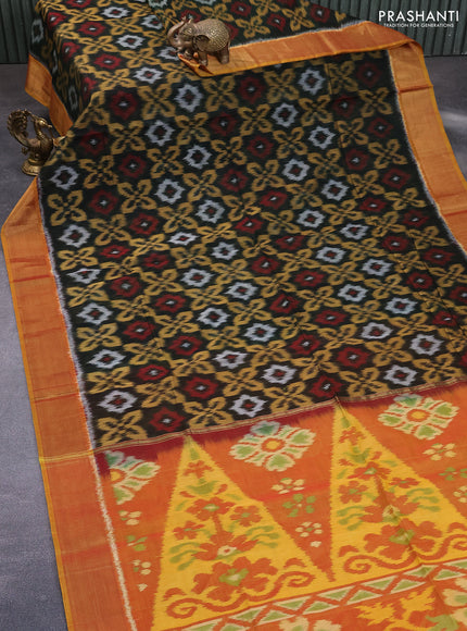 Ikat silk cotton saree dark green and mustard yellow with allover ikat weaves and zari woven border