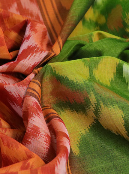 Ikat silk cotton saree orange and light green with allover ikat weaves and zari woven border