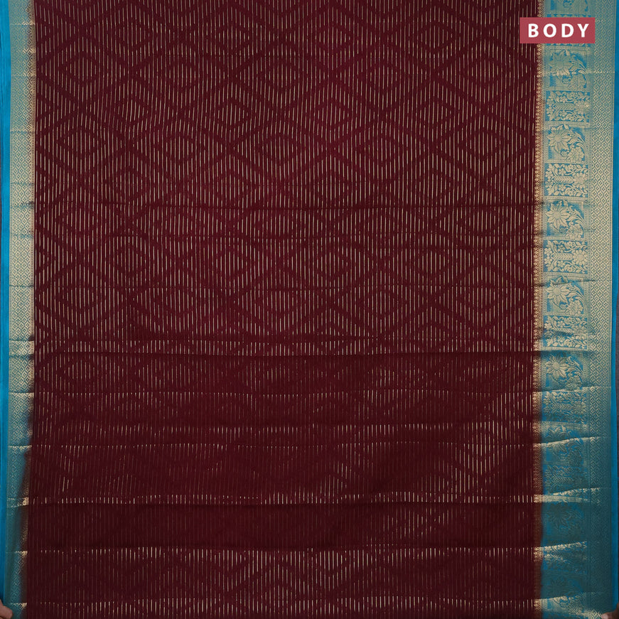 Semi crepe saree deep maroon and teal blue with allover zari weaves and zari woven border