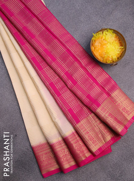 Semi crepe saree off white and pink with allover zari woven geometric weaves and zari woven border