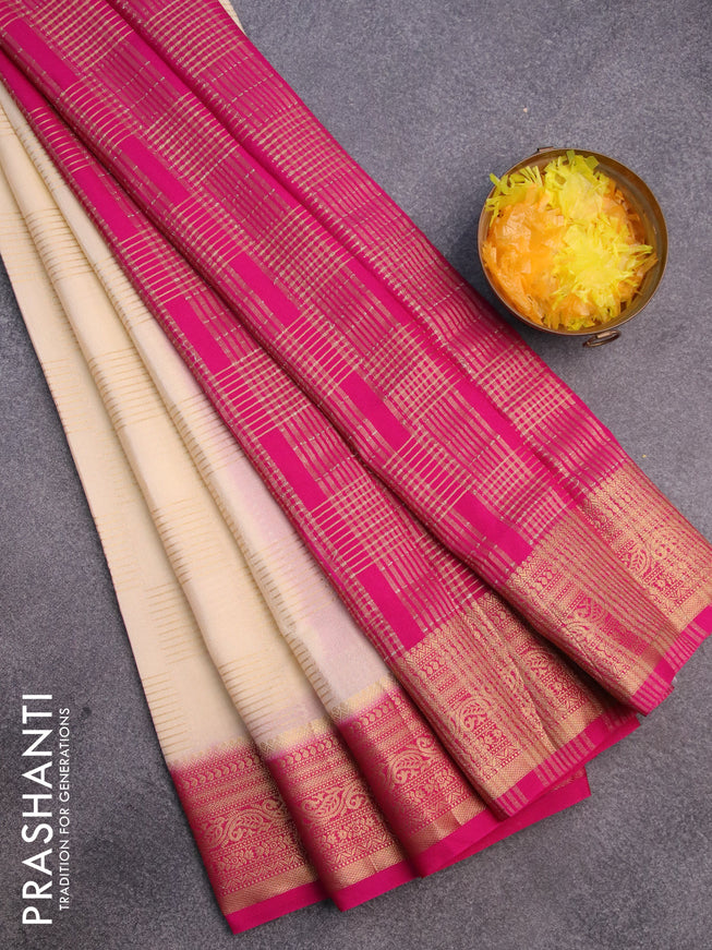 Semi crepe saree off white and pink with allover zari woven geometric weaves and zari woven border