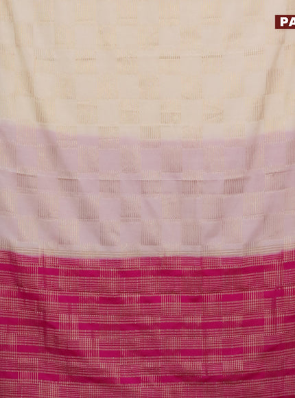 Semi crepe saree off white and pink with allover zari woven geometric weaves and zari woven border