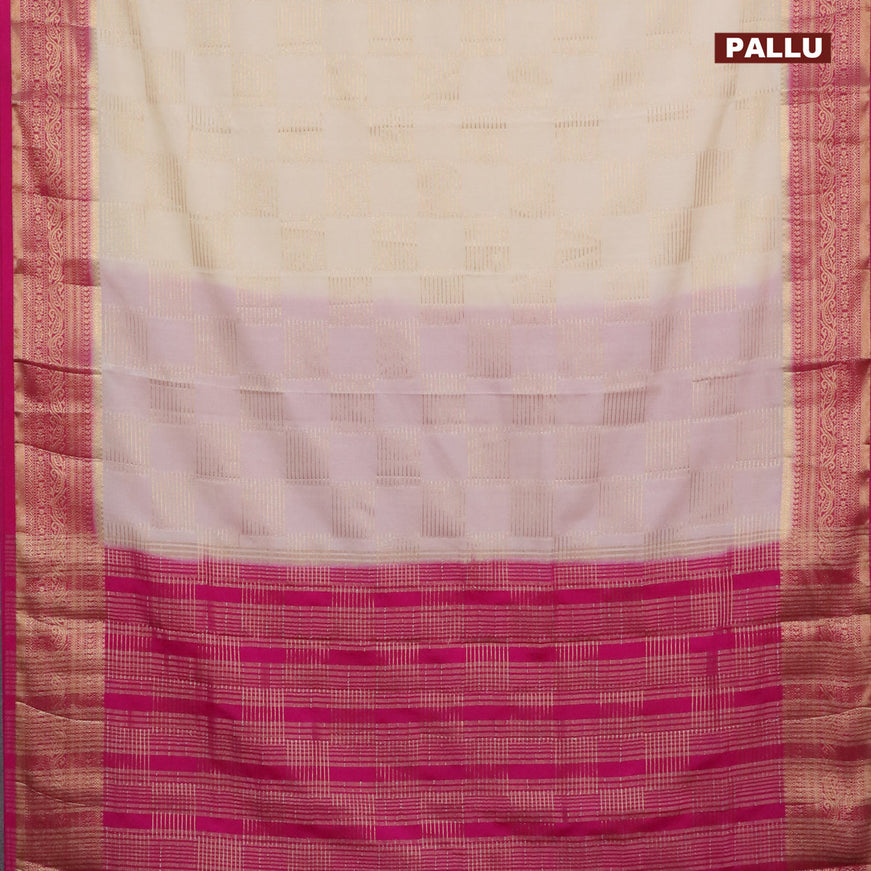 Semi crepe saree off white and pink with allover zari woven geometric weaves and zari woven border