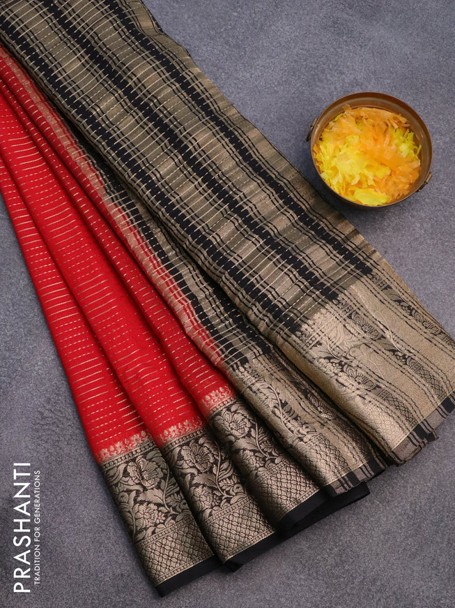 Semi crepe saree red and black with allover zari weaves and zari woven border