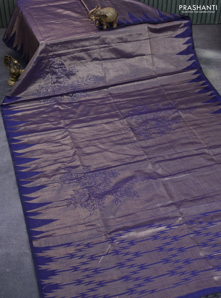 Semi matka tissue saree blue with allover zari weaves and temple design border