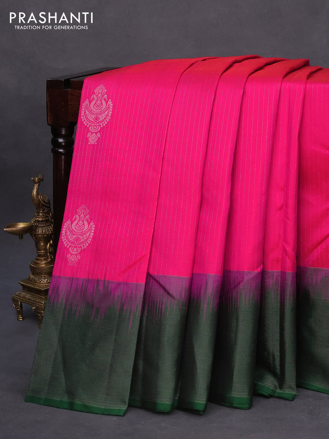 Pure soft silk saree dual shade of pinkish orange and green with allover zari weaves and zari woven simple border