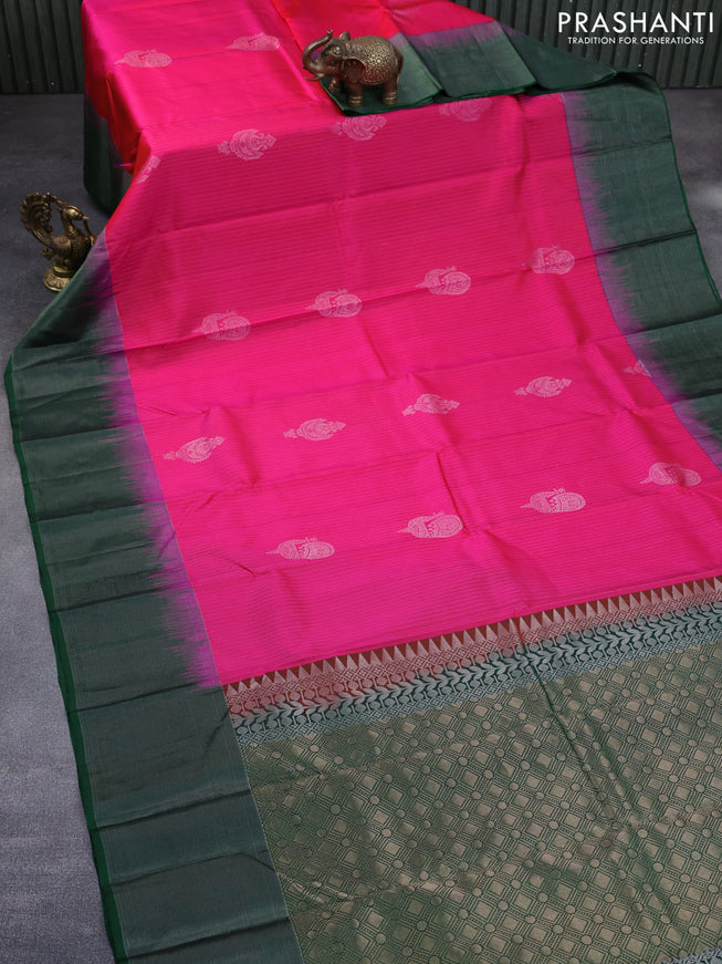 Pure soft silk saree dual shade of pinkish orange and green with allover zari weaves and zari woven simple border