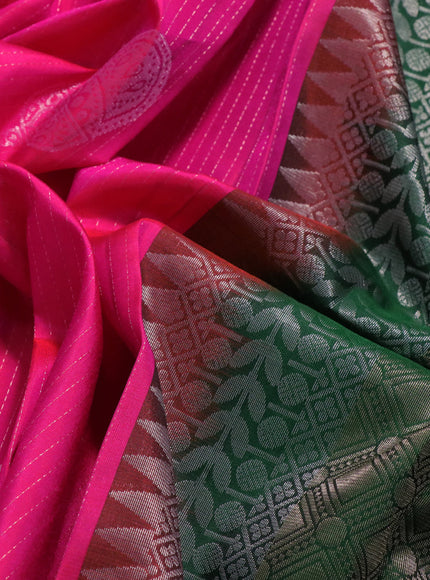 Pure soft silk saree dual shade of pinkish orange and green with allover zari weaves and zari woven simple border