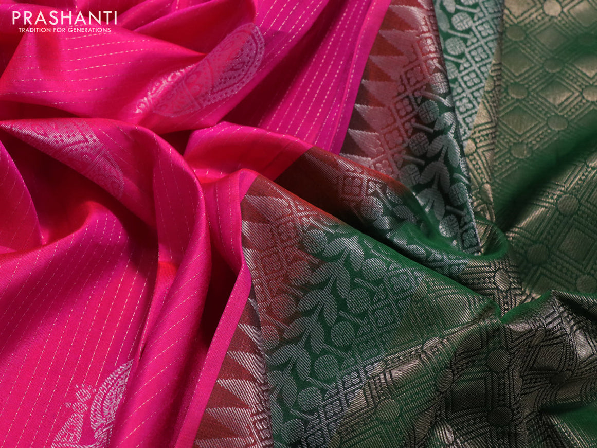 Pure soft silk saree dual shade of pinkish orange and green with allover zari weaves and zari woven simple border