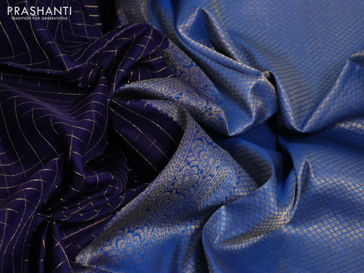 Pure soft silk saree dark blue and cs blue with allover zari checked pattern and small zari woven border