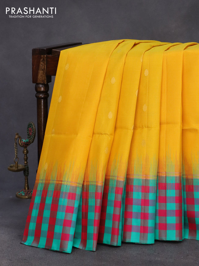 Pure soft silk saree yellow and teal blue with zari woven buttas and checked border