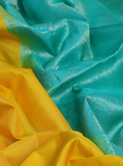 Pure soft silk saree yellow and teal blue with zari woven buttas and checked border