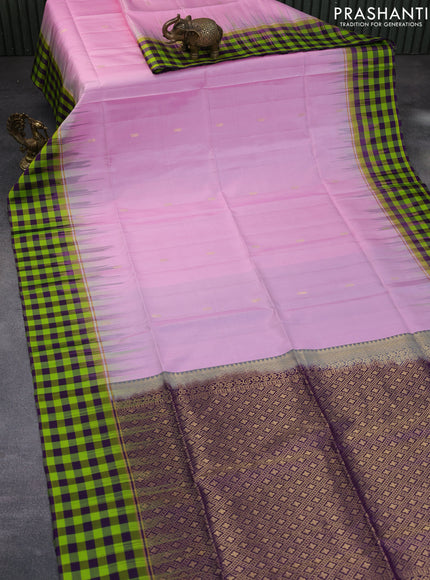 Pure soft silk saree light pink and deep purple with zari woven buttas and zari woven checked pattern