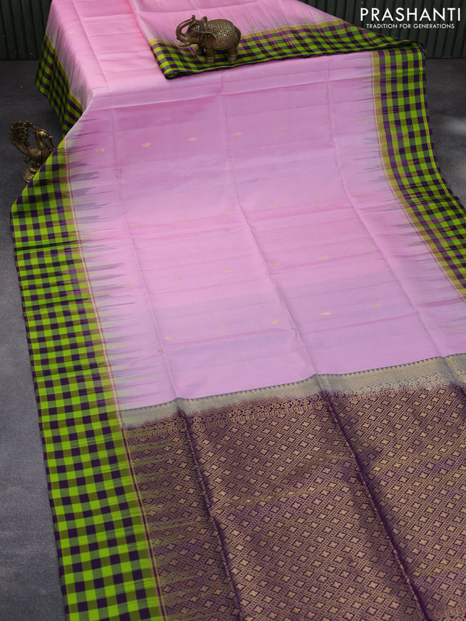 Pure soft silk saree light pink and deep purple with zari woven buttas and zari woven checked pattern