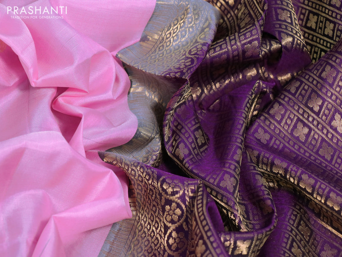 Pure soft silk saree light pink and deep purple with zari woven buttas and zari woven checked pattern