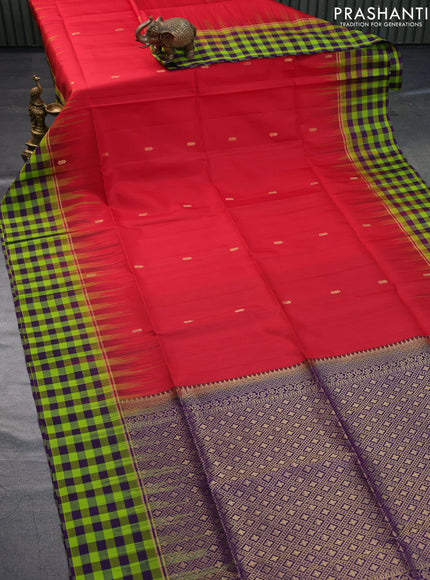 Pure soft silk saree red and deep purple with zari woven buttas and zari woven checked pattern