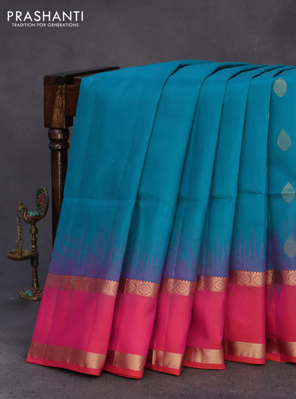 Pure soft silk saree teal blue shade and dual shade of pinkish orange with allover zari weaves & buttas and rettapet zari woven border