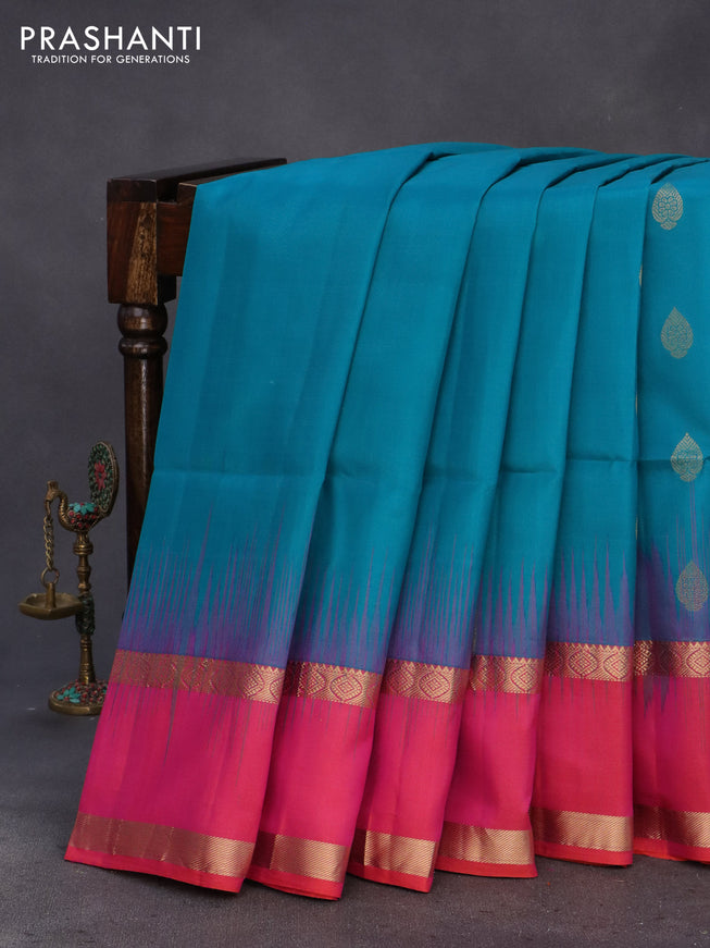 Pure soft silk saree teal blue shade and dual shade of pinkish orange with allover zari weaves & buttas and rettapet zari woven border