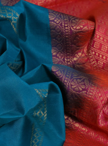 Pure soft silk saree teal blue shade and dual shade of pinkish orange with allover zari weaves & buttas and rettapet zari woven border