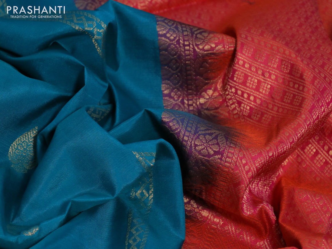 Pure soft silk saree teal blue shade and dual shade of pinkish orange with allover zari weaves & buttas and rettapet zari woven border