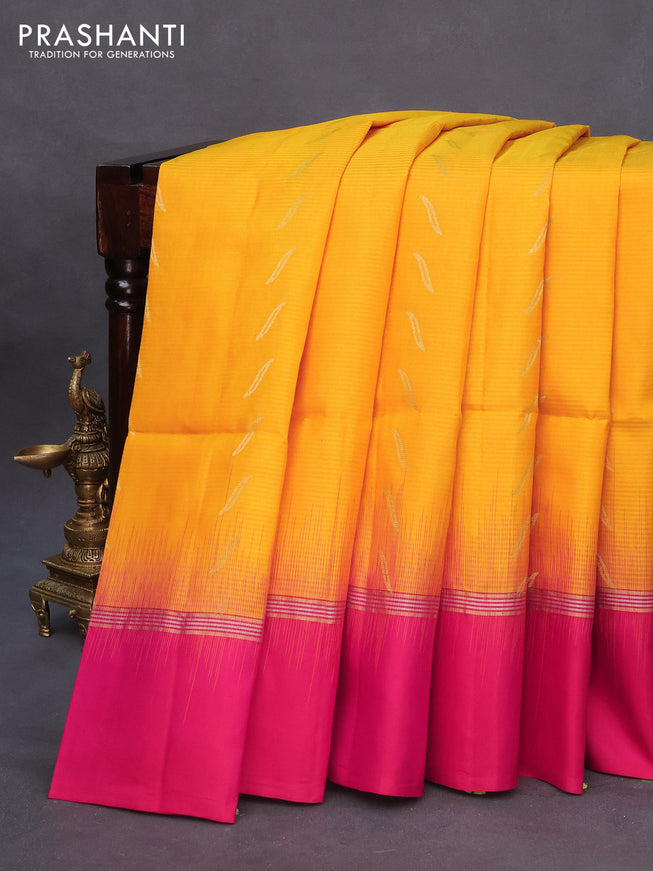 Pure soft silk saree mango yellow and pink with zari woven buttas and zari woven simple border