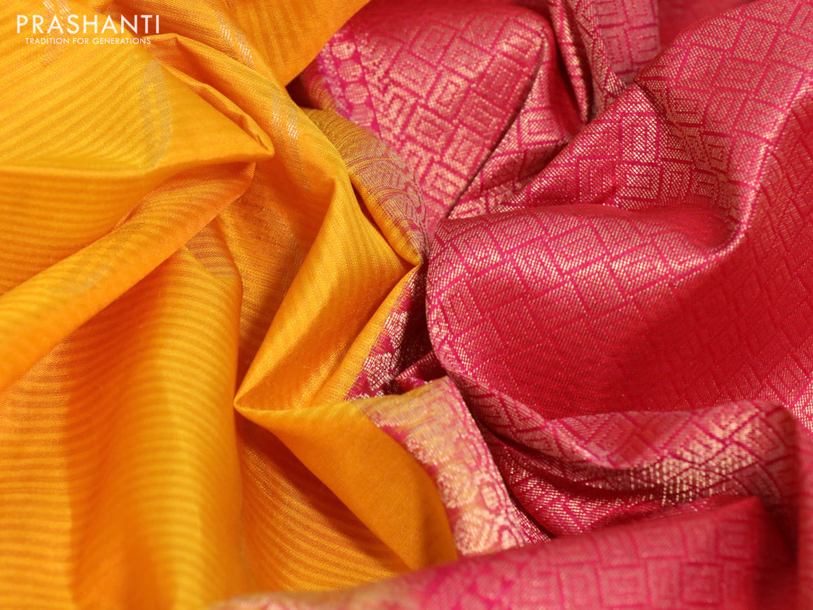 Pure soft silk saree mango yellow and pink with zari woven buttas and zari woven simple border