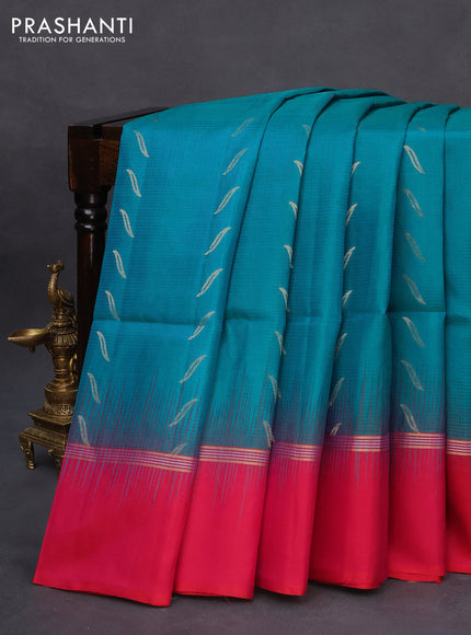 Pure soft silk saree teal blue shade and pink with zari woven buttas and zari woven simple border