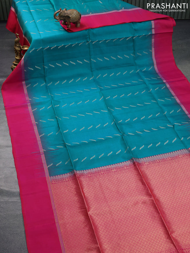 Pure soft silk saree teal blue shade and pink with zari woven buttas and zari woven simple border