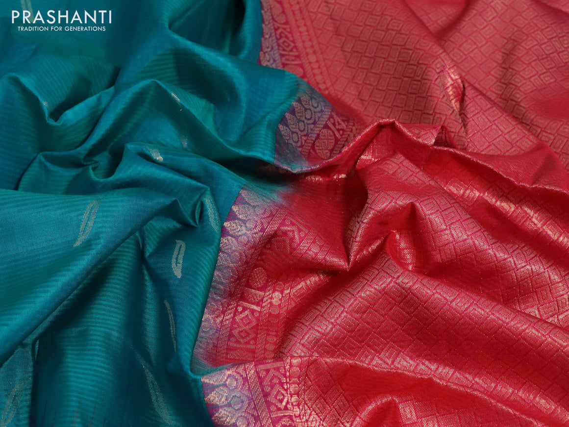 Pure soft silk saree teal blue shade and pink with zari woven buttas and zari woven simple border