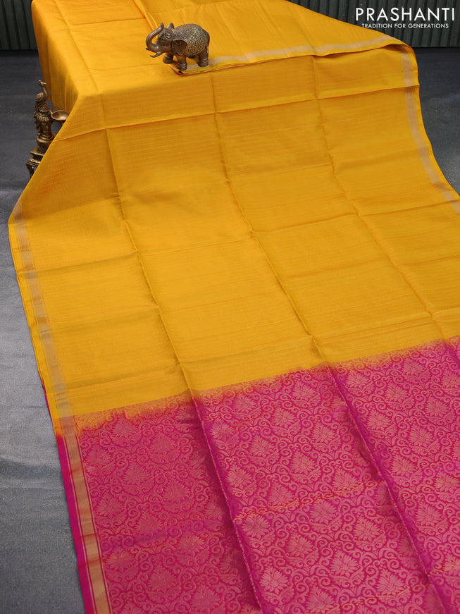 Pure soft silk saree yellow and pink with allover zari weaves and zari woven border