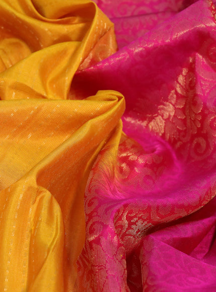 Pure soft silk saree yellow and pink with allover zari weaves and zari woven border