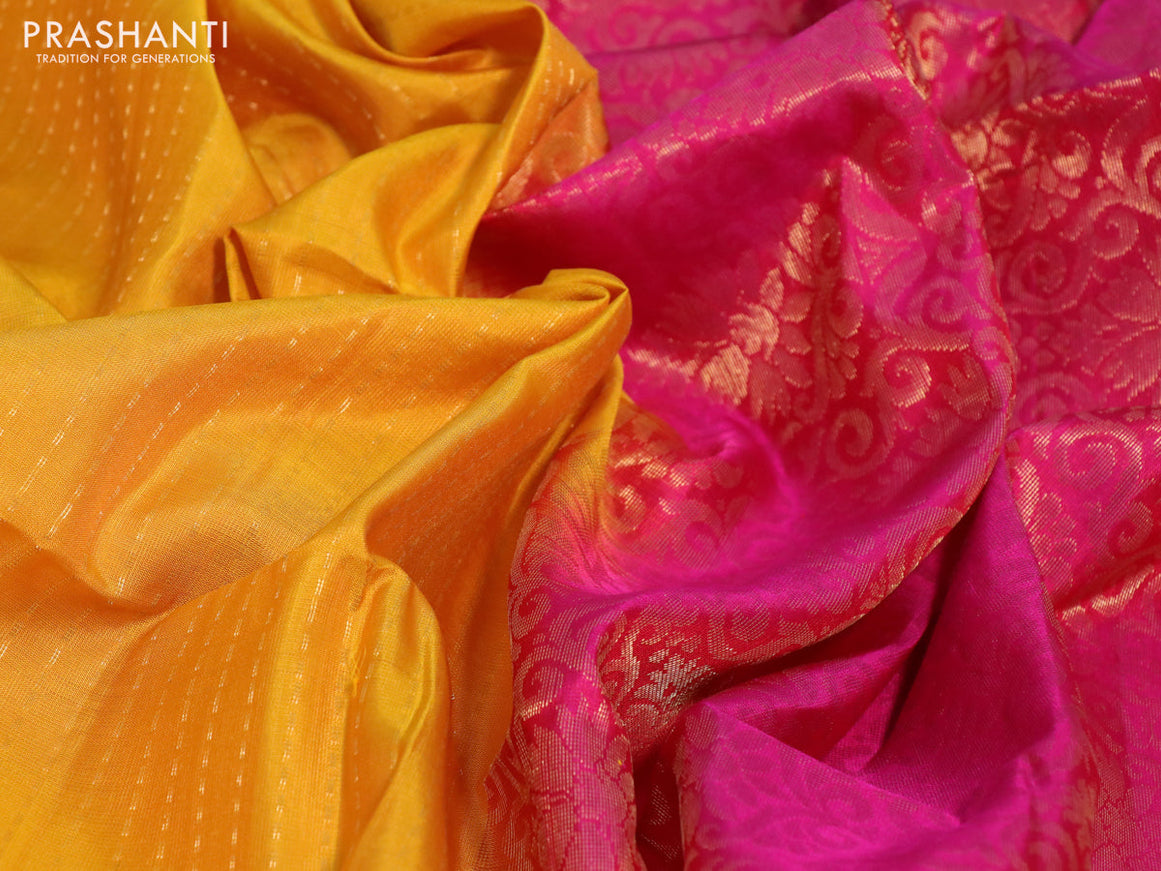 Pure soft silk saree yellow and pink with allover zari weaves and zari woven border