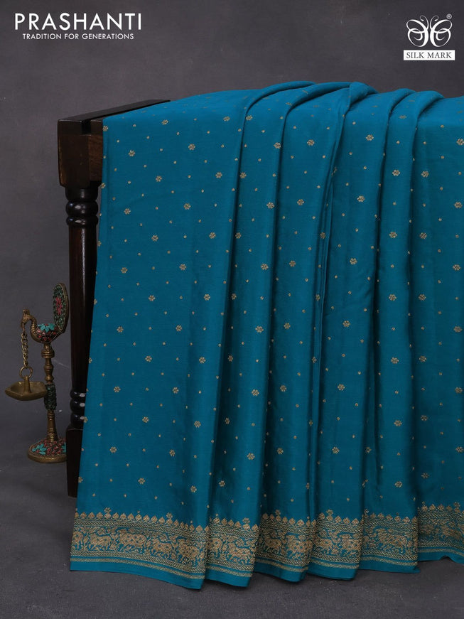 Banarasi crepe silk saree teal blue and pink with thread & zari woven buttas and woven border