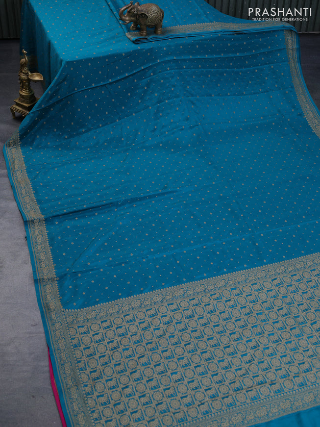 Banarasi crepe silk saree teal blue and pink with thread & zari woven buttas and woven border