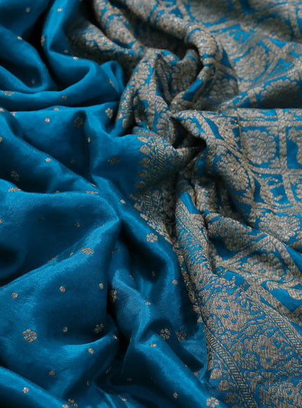 Banarasi crepe silk saree teal blue and pink with thread & zari woven buttas and woven border