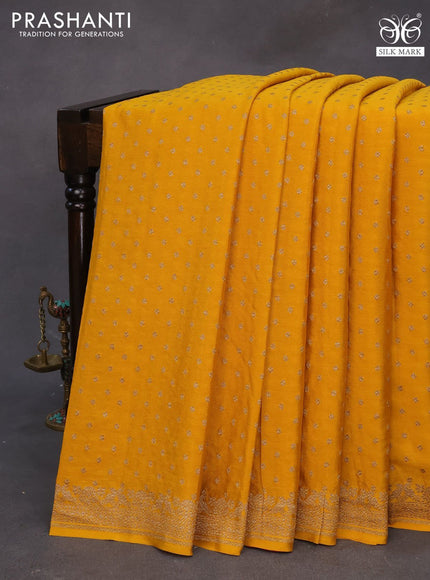 Banarasi crepe silk saree muastard yellow and red with thread & zari woven buttas and woven border