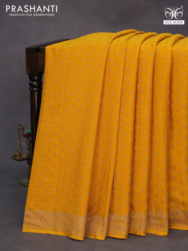 Banarasi crepe silk saree muastard yellow and red with thread & zari woven buttas and woven border