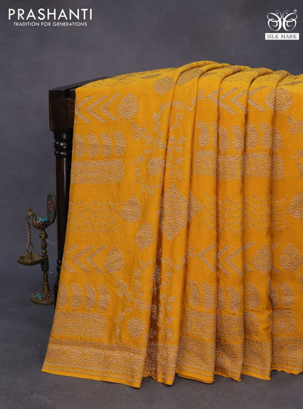 Banarasi crepe silk saree mustard yellow with allover thread & zari weaves and woven border