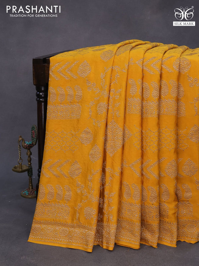 Banarasi crepe silk saree mustard yellow with allover thread & zari weaves and woven border