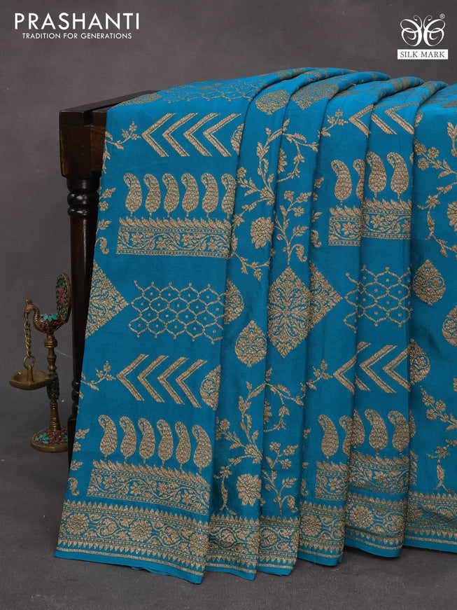 Banarasi crepe silk saree teal blue with allover thread & zari weaves and woven border