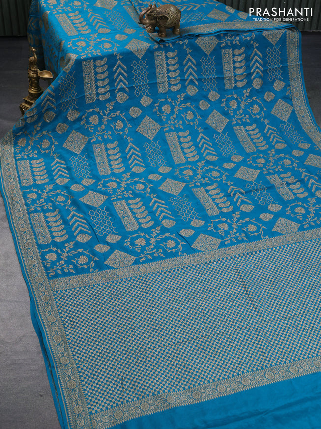 Banarasi crepe silk saree teal blue with allover thread & zari weaves and woven border