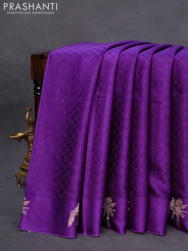 Mushru silk saree violet with allover self emboss and zari woven butta border