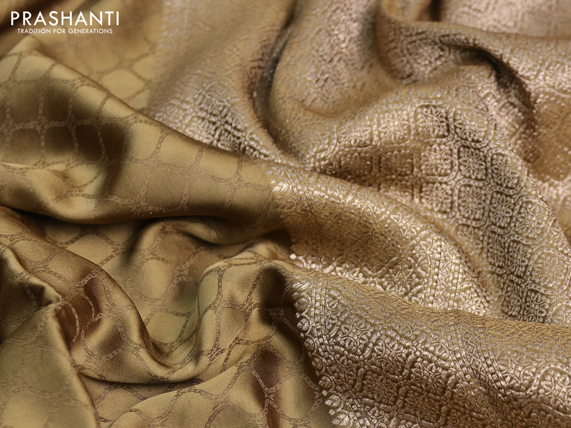 Mushru silk saree olive green with allover self emboss and zari woven butta border