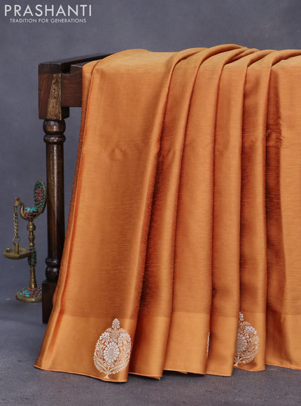 Mushru silk saree dark mustard with allover self emboss and zari woven butta border