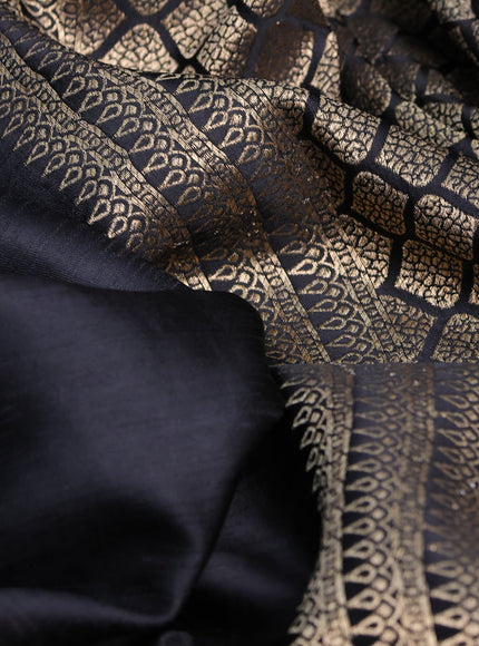 Mushru silk saree black with allover self emboss and zari woven butta border