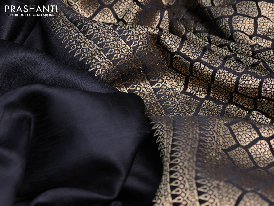 Mushru silk saree black with allover self emboss and zari woven butta border