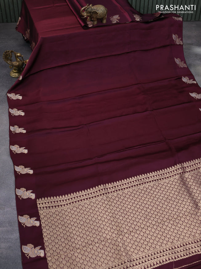 Mushru silk saree wine shade with plain body and annam zari woven butta border