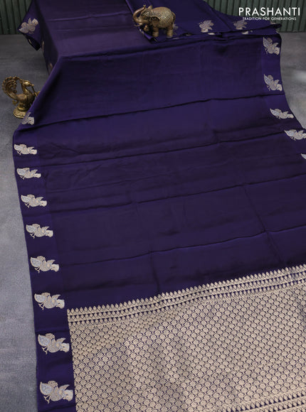 Mushru silk saree dark blue with plain body and annam zari woven butta border