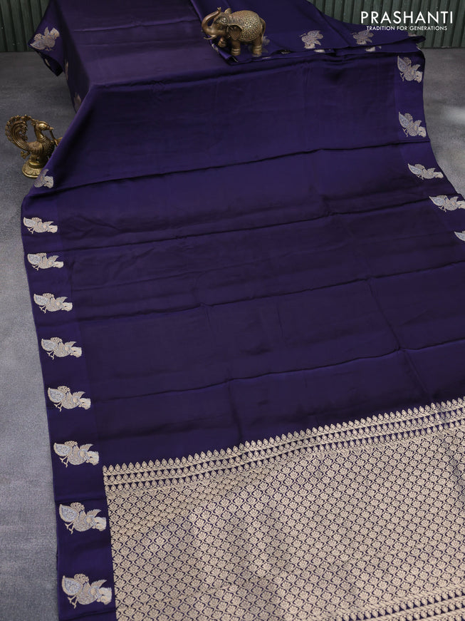 Mushru silk saree dark blue with plain body and annam zari woven butta border